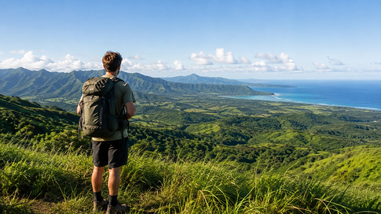 Backpacker overlooking tropical hills and distant coastline from ridge