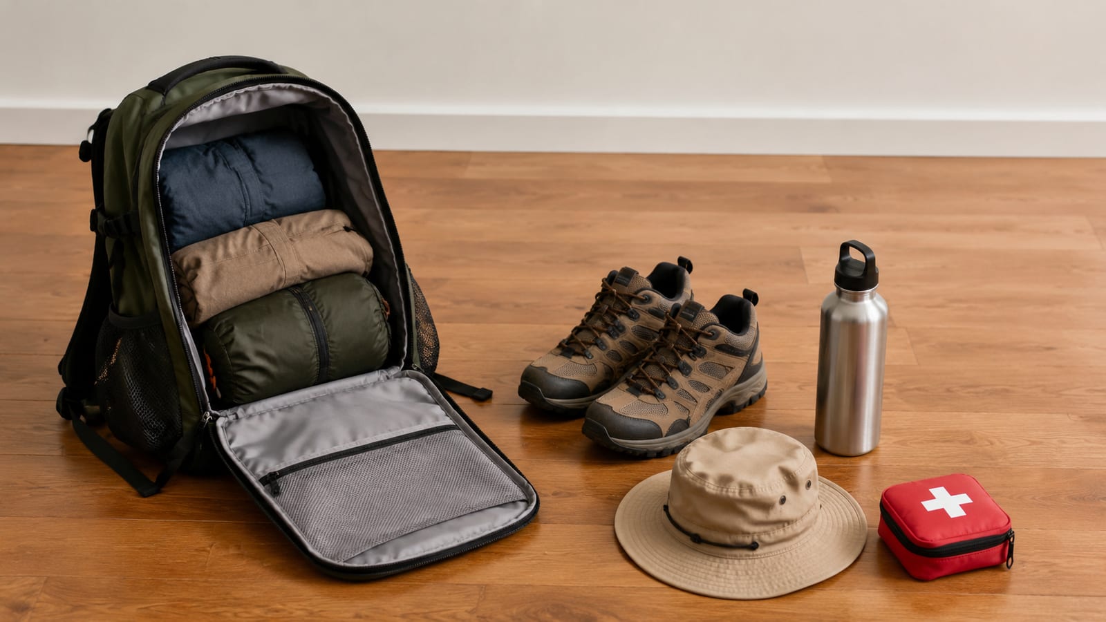 Travel backpack with shoes water bottle sun hat and first-aid pouch