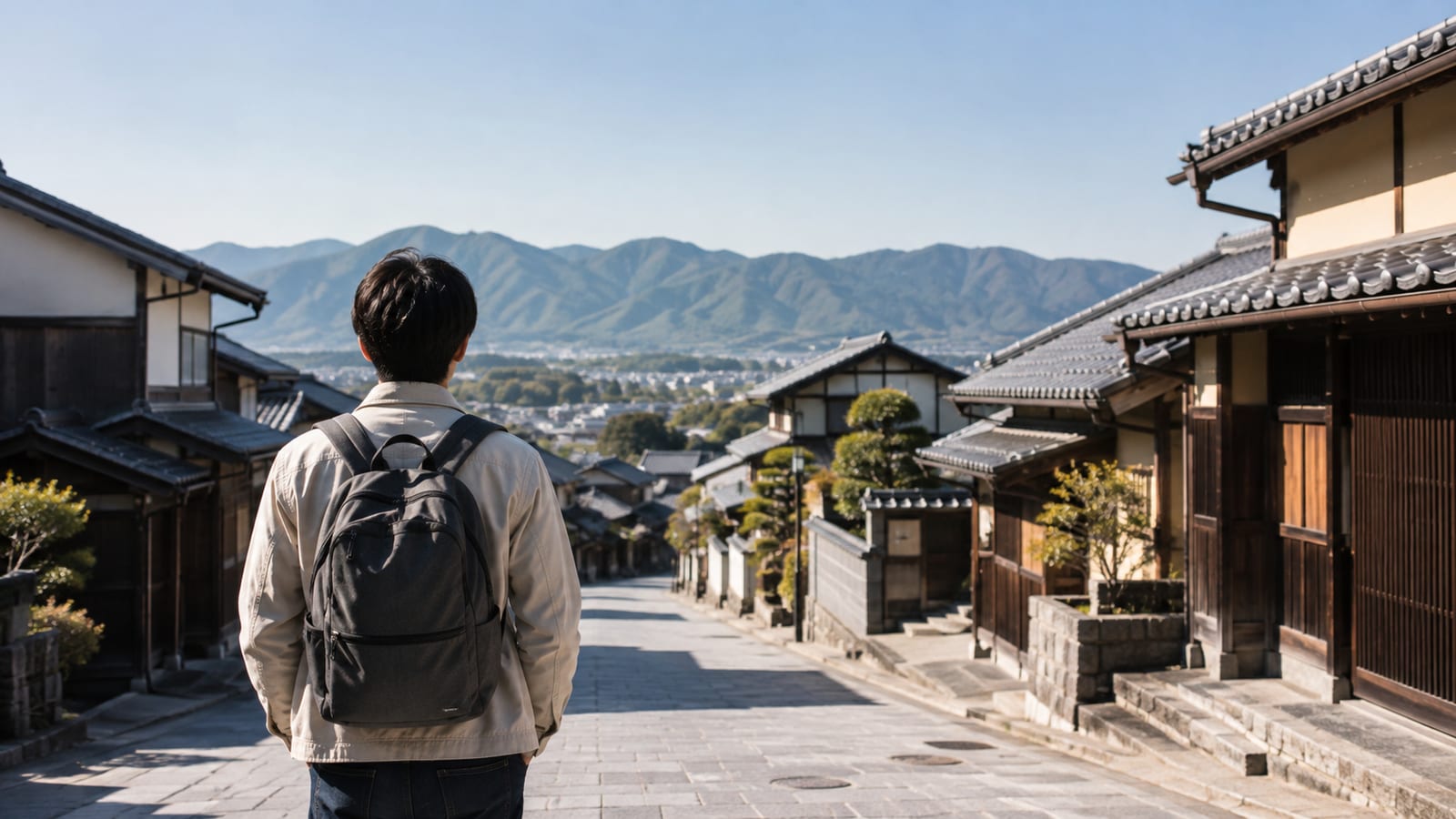 Solo traveler with backpack between a quiet city street and distant Japanese mountain ridge
