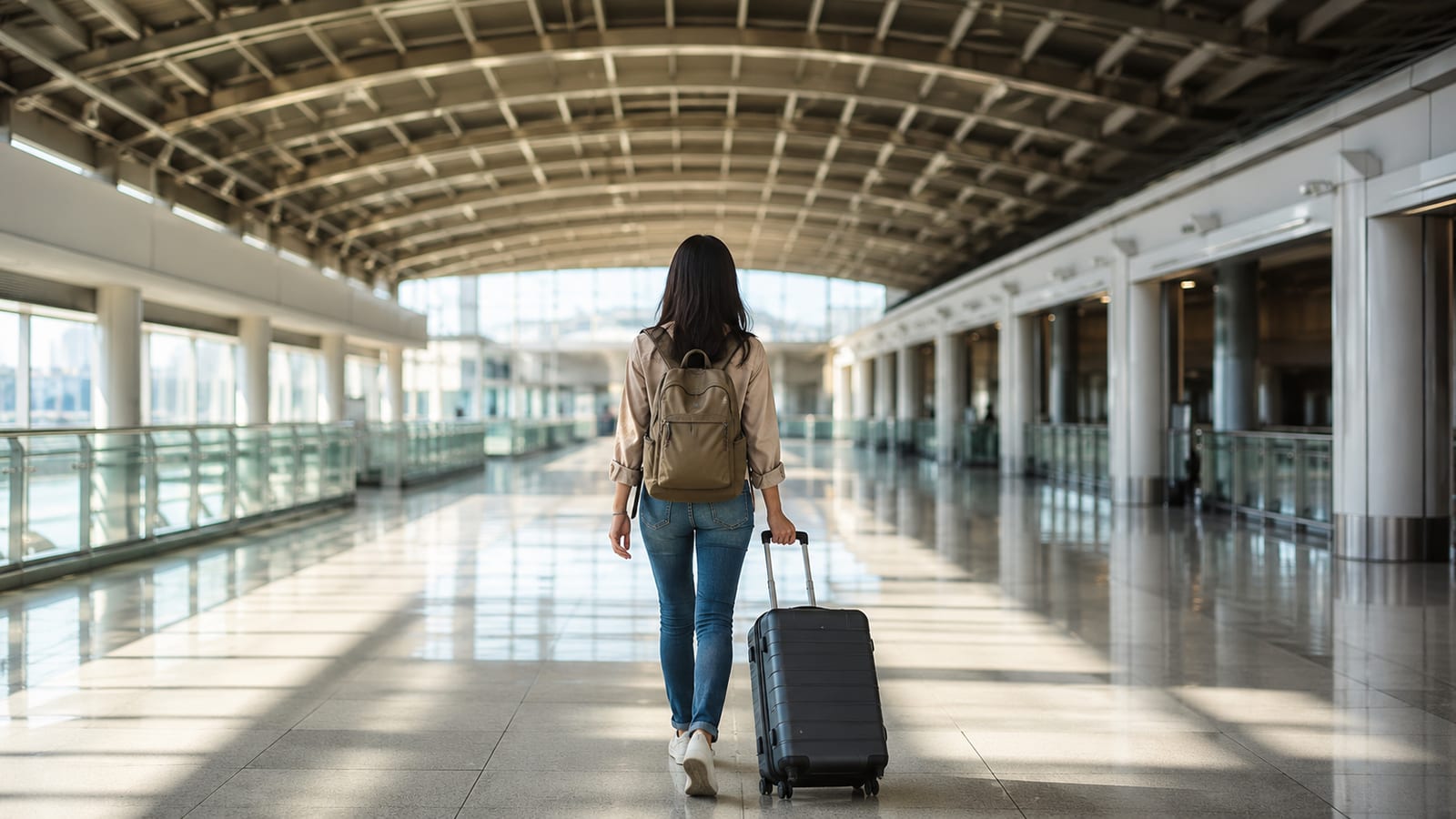 Traveler moving through a spacious station concourse with backpack and small rolling suitcase