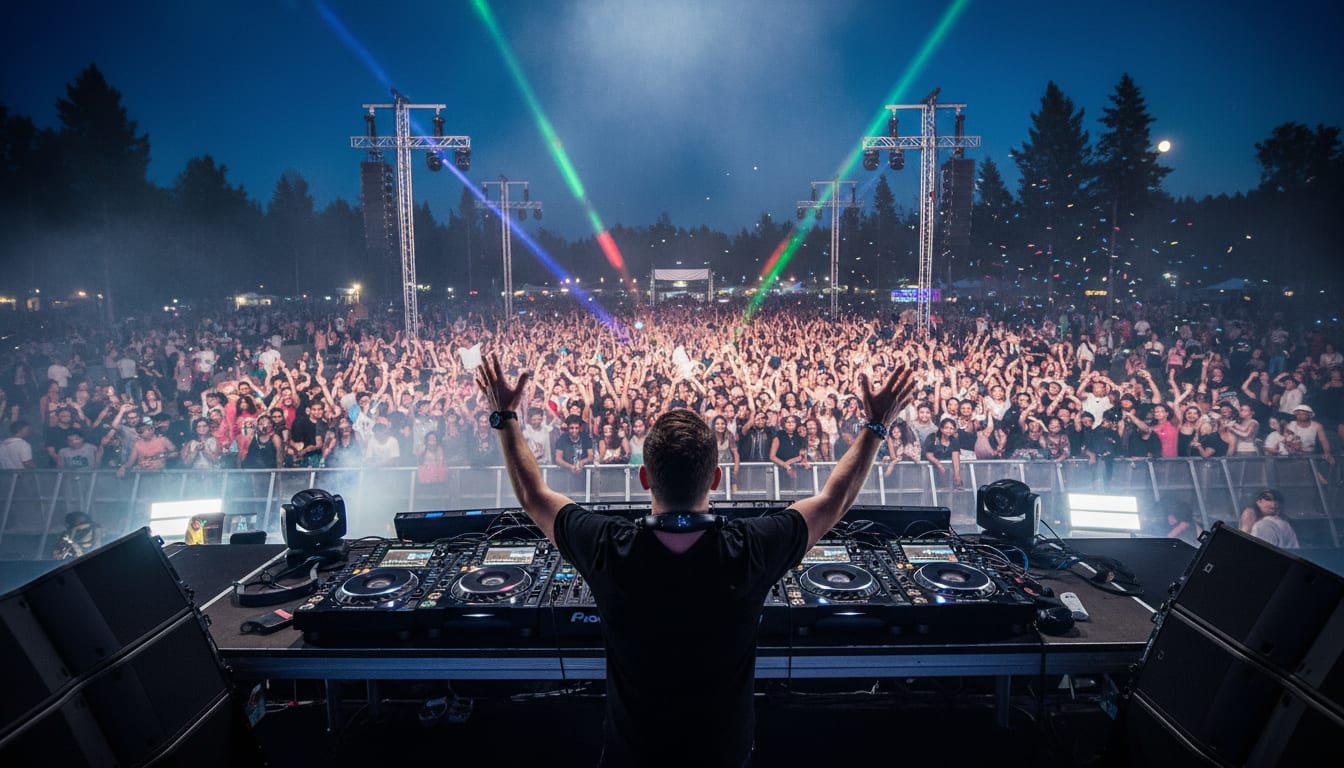 DJ performing over turntables and mixer before a crowded open-air nightclub dancefloor