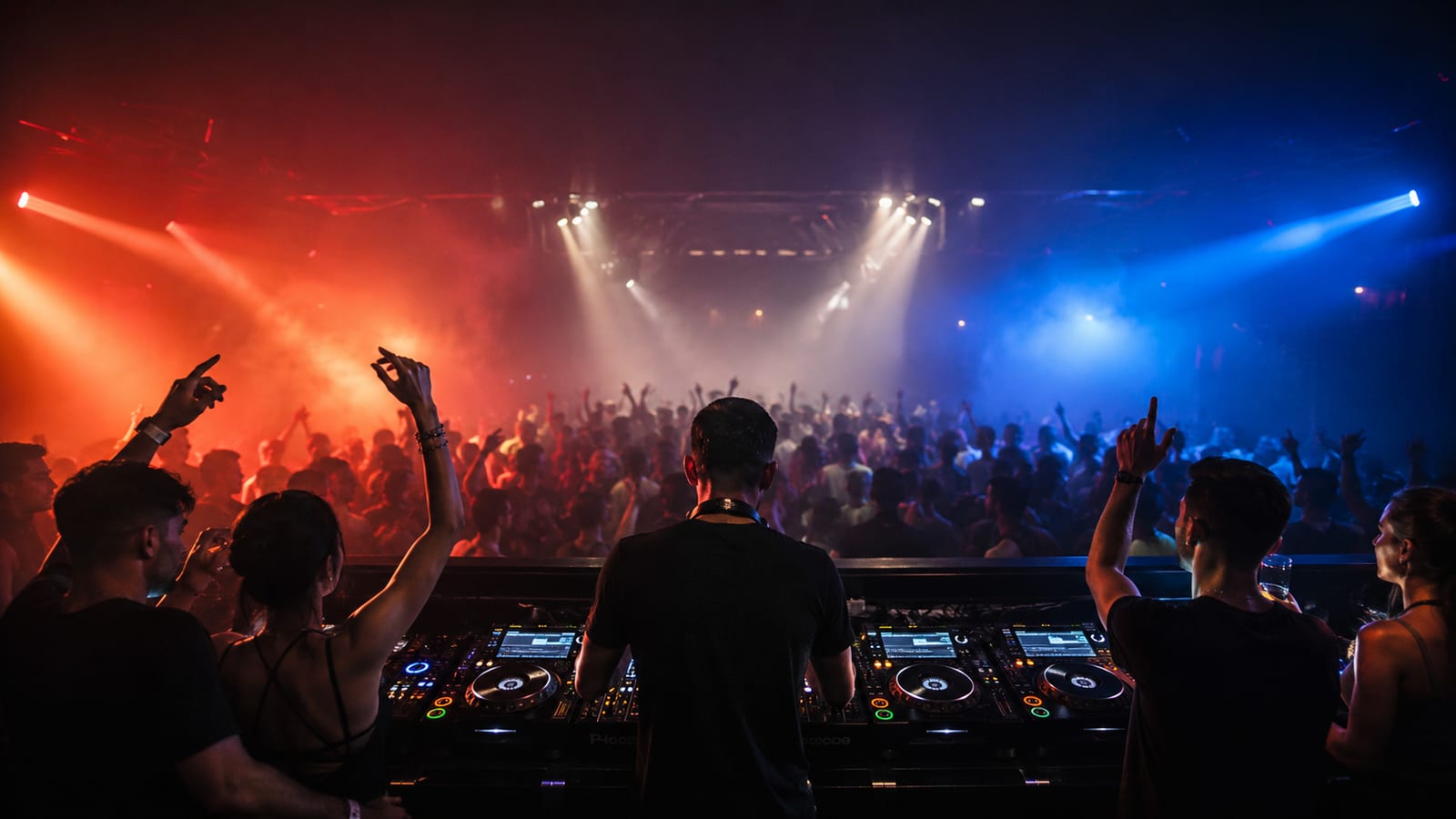 Diverse clubgoers dancing beneath colored lights beside a visible DJ booth