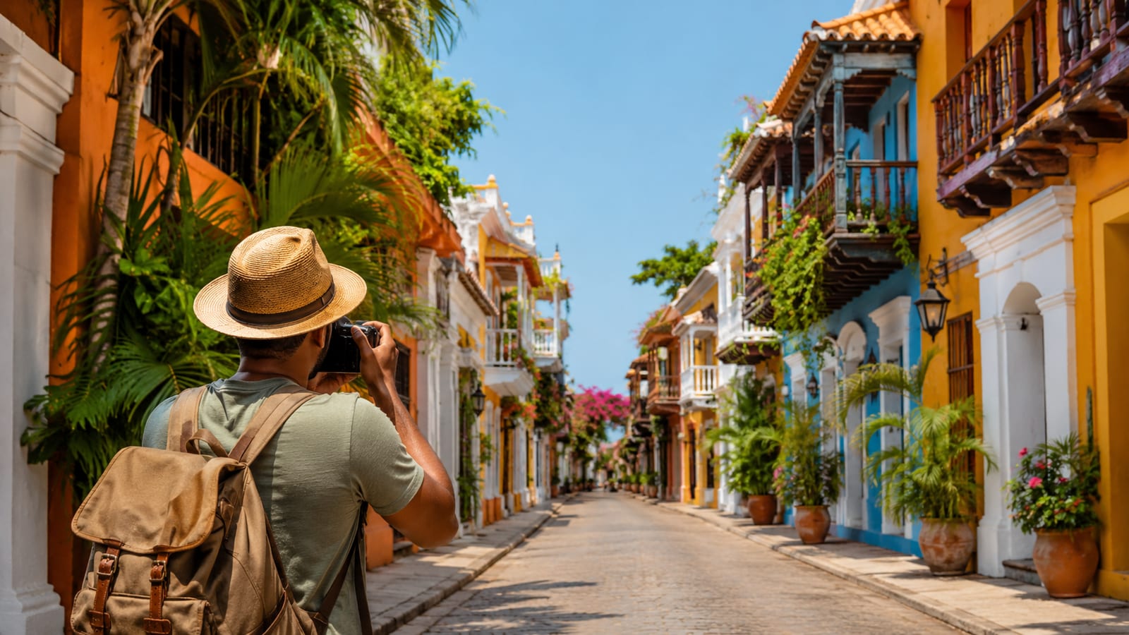 Photographer exploring a colorful Caribbean colonial street with balconies, sunlight, and compact camera gear