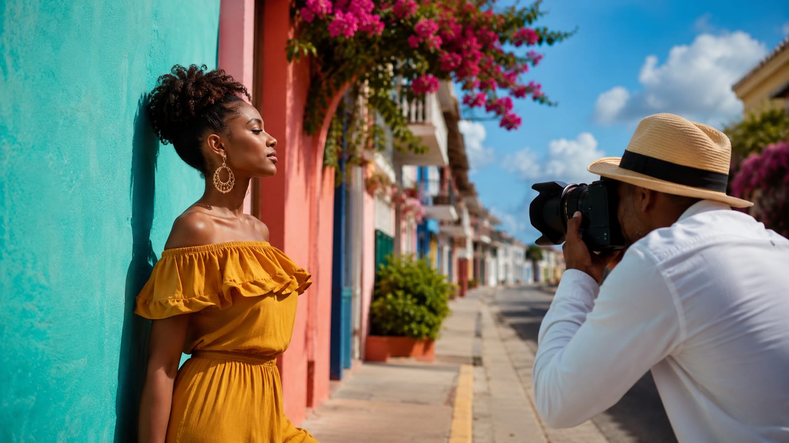 Solo traveler photographing vibrant colonial facades while a local subject poses naturally in profile