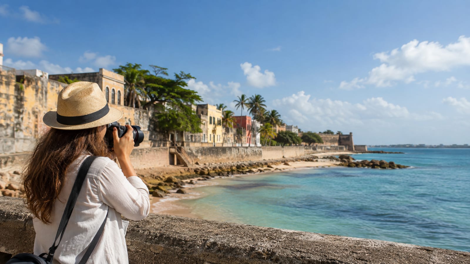 Photographer capturing tropical waterfront scenery with palms, weathered textures, and late afternoon light