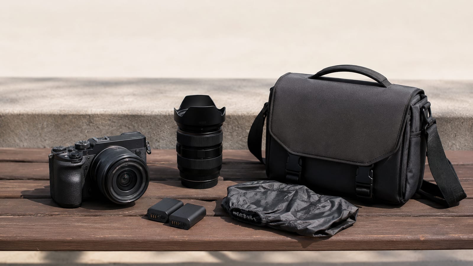 Compact camera, spare batteries, small lens, rain cover, and shoulder bag arranged on a bench