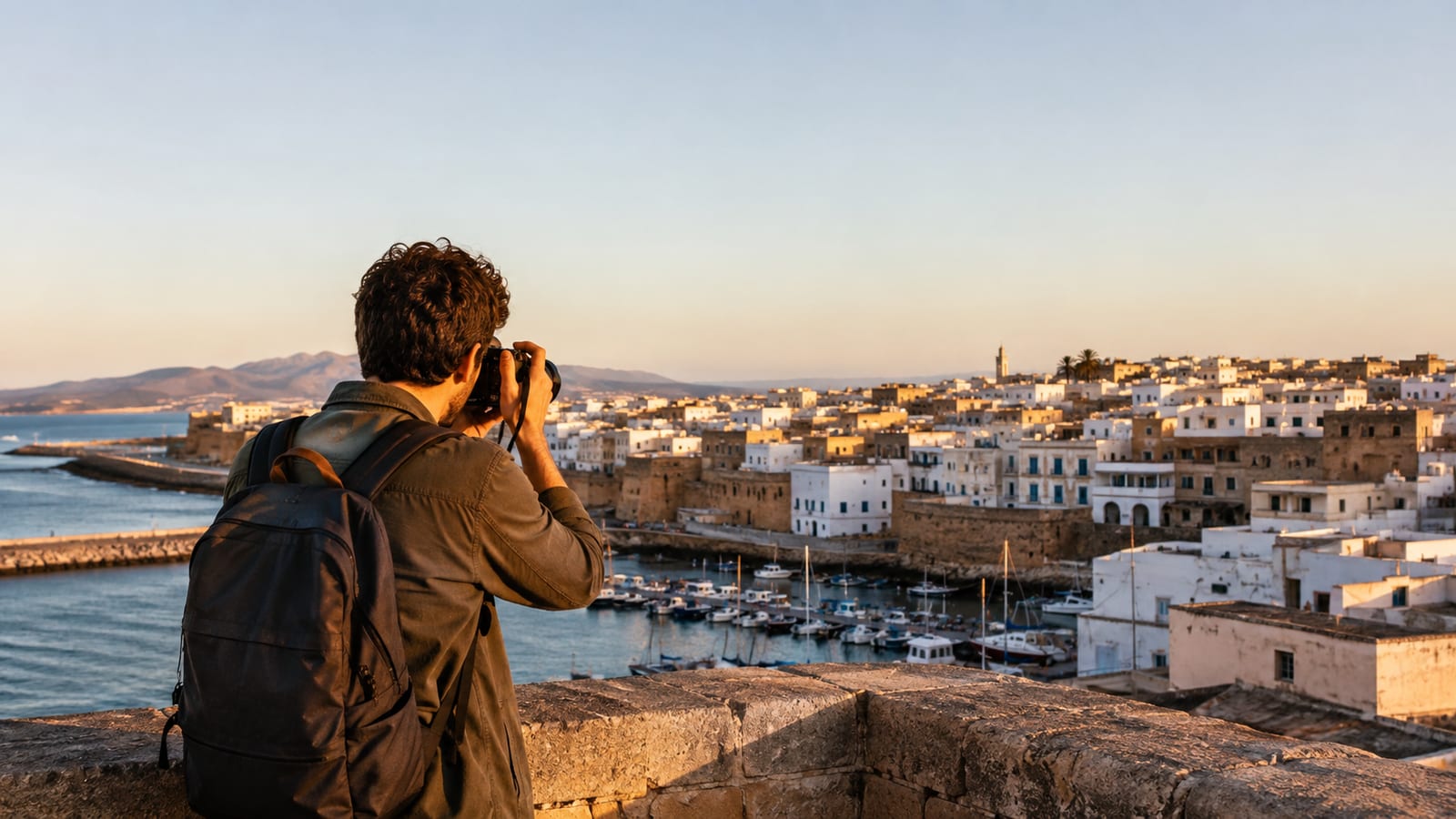 Solo photographer capturing a North African coastal city at golden hour from a promenade