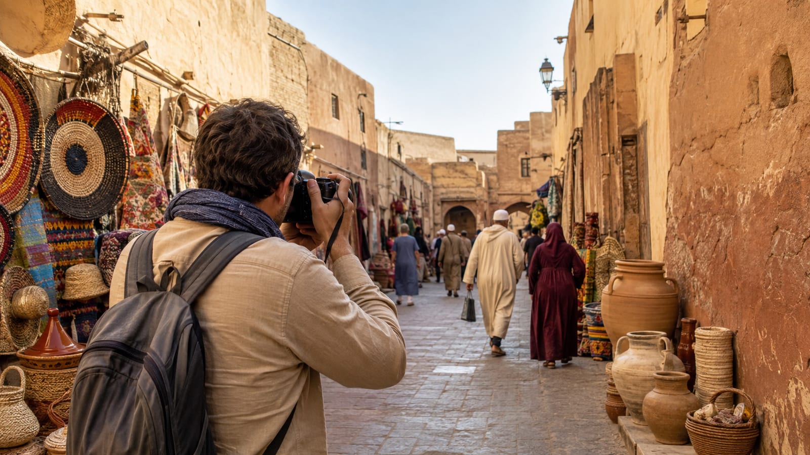 Photographer exploring a lively medina alley with textured walls, market stalls, and passing pedestrians