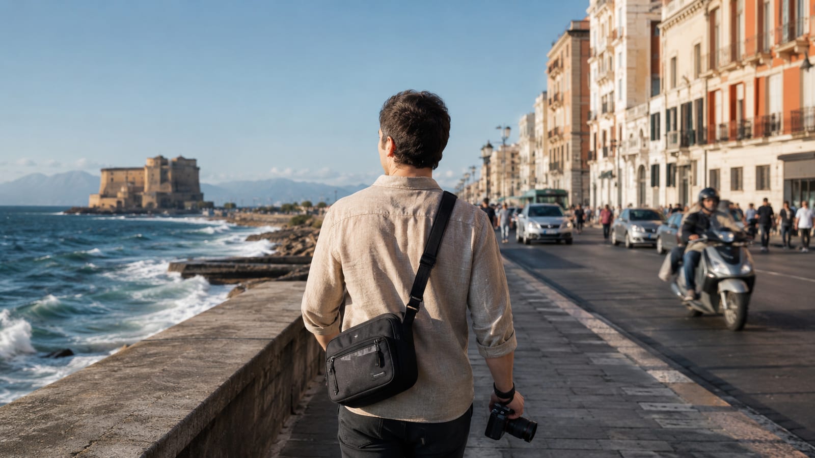 Travel photographer carrying compact camera gear while walking safely through a busy coastal city