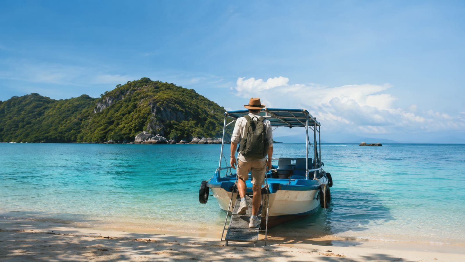 Solo traveler boarding a small excursion boat beside a generic tropical beach