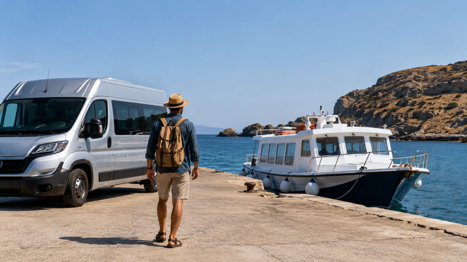Traveler comparing a parked excursion van and boat at a tropical coastal dock