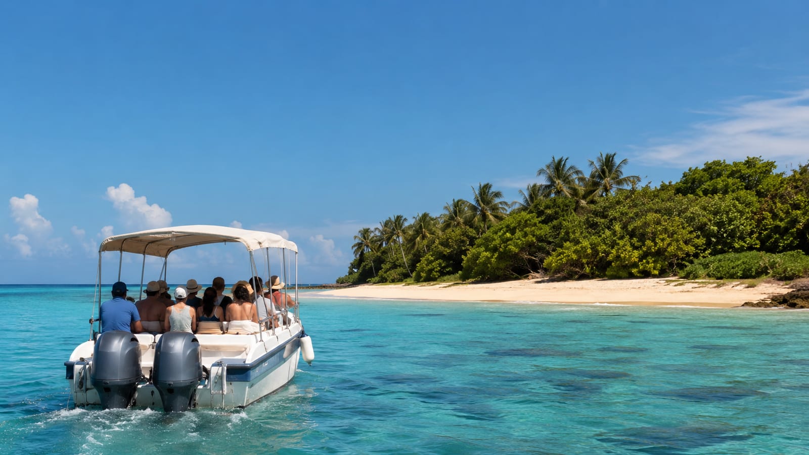 Small excursion boat carrying travelers across calm tropical water near an empty beach