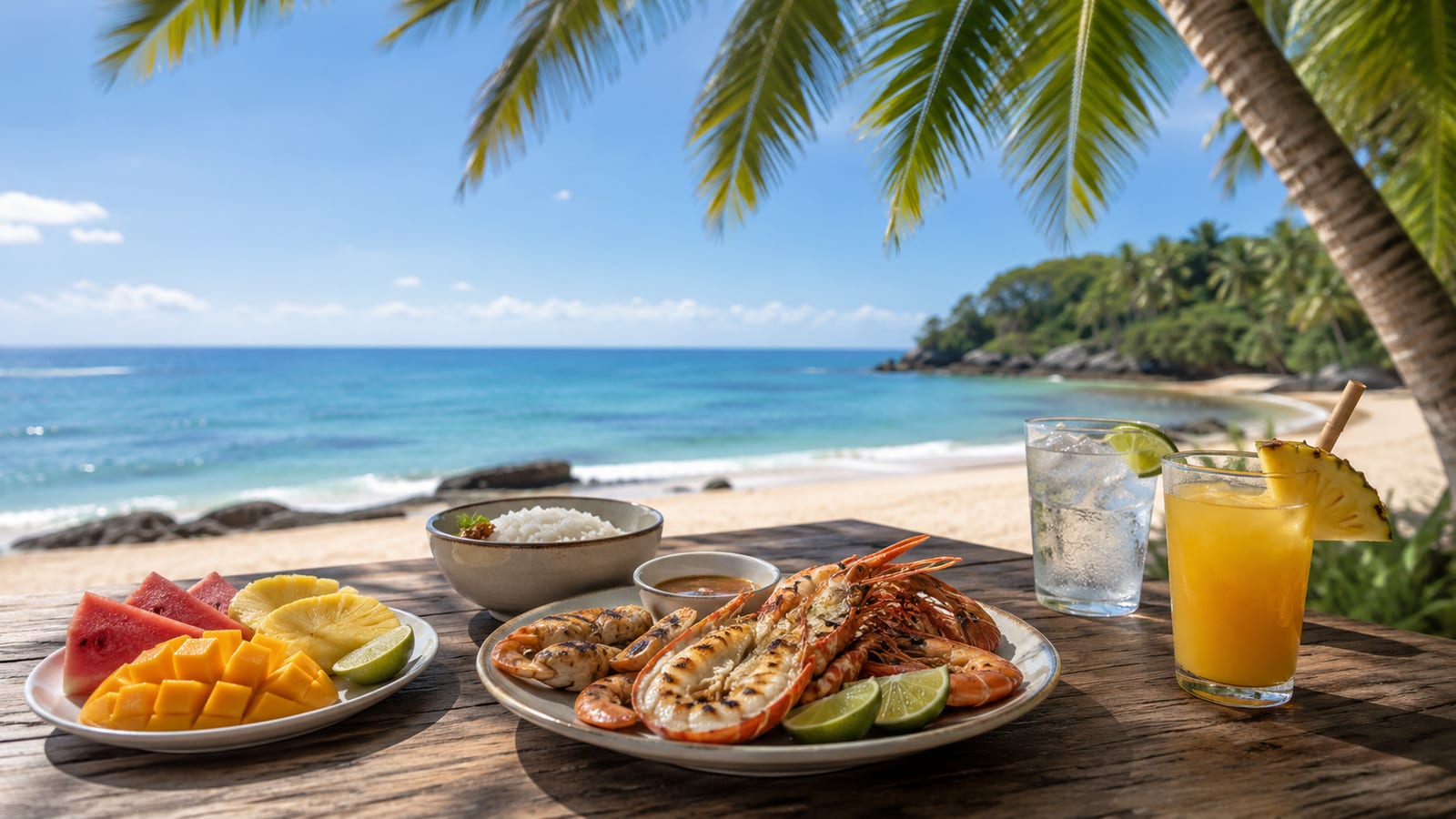 Simple tropical beach lunch served beside woven bags and shaded palm trees