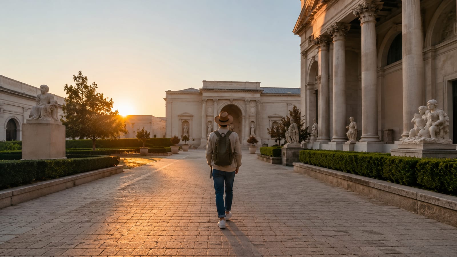 Solo traveler arriving at a quiet generic museum courtyard just after sunrise