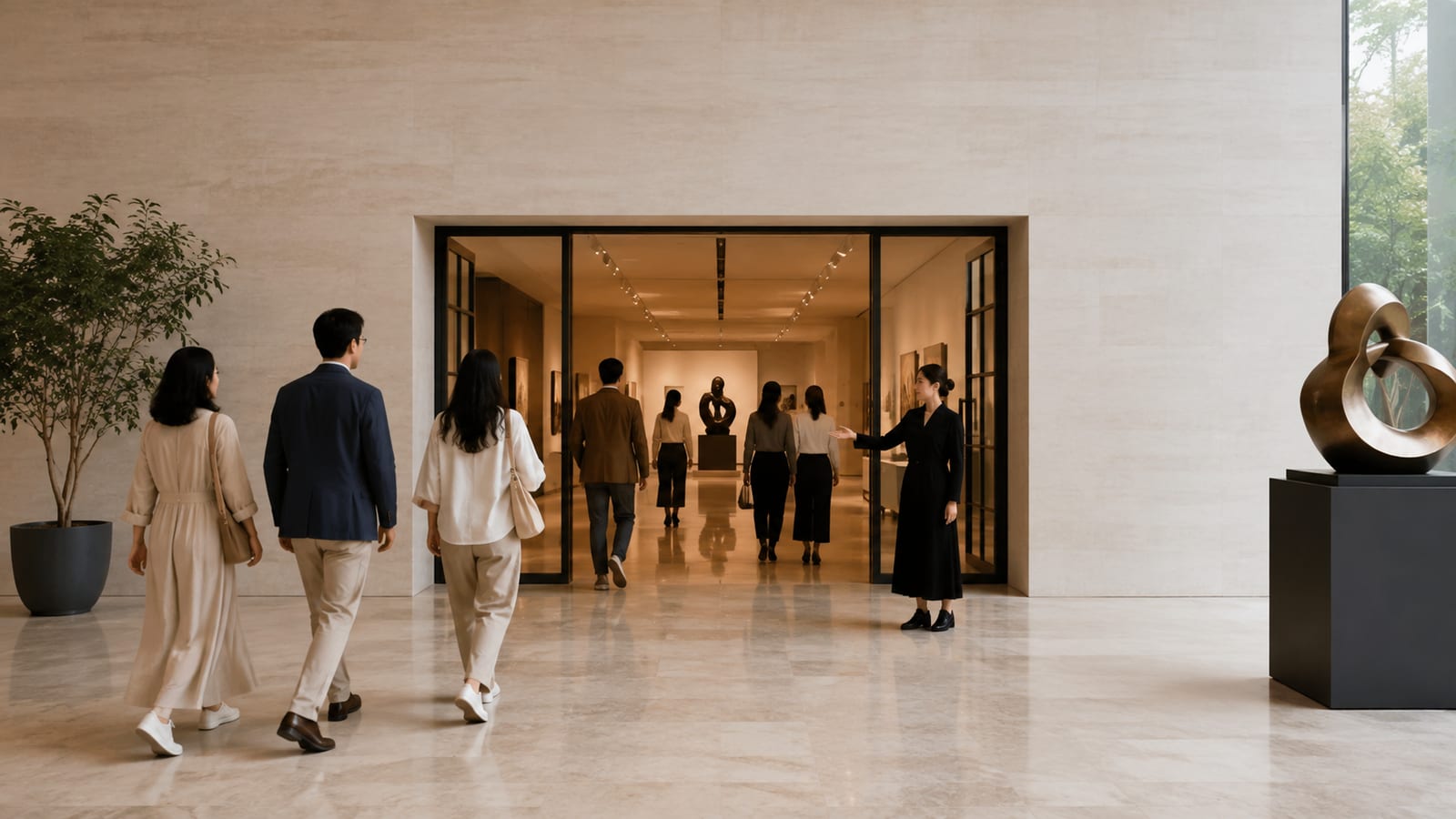 Visitors entering a spacious gallery in small groups through a controlled doorway
