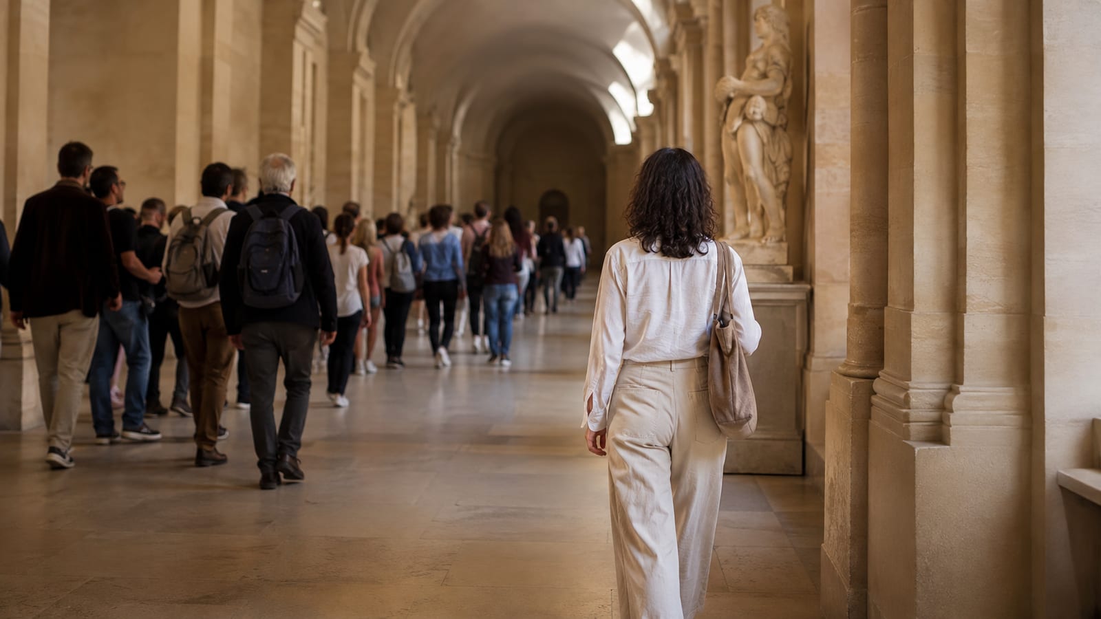 Solo visitor turning into a quiet side corridor while crowds continue elsewhere