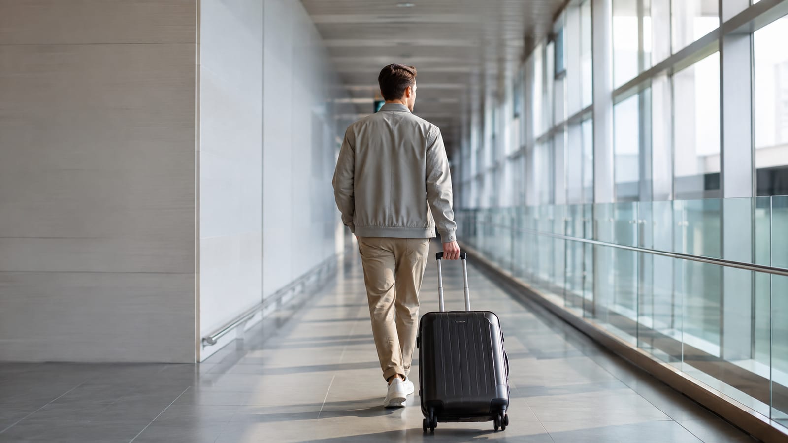 Traveler walking comfortably after landing in versatile layered travel clothing