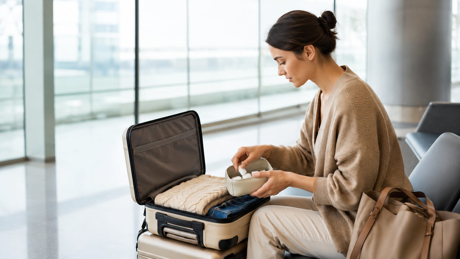 Solo traveler organizing allergy medications beside a carry-on in a clean airport waiting area