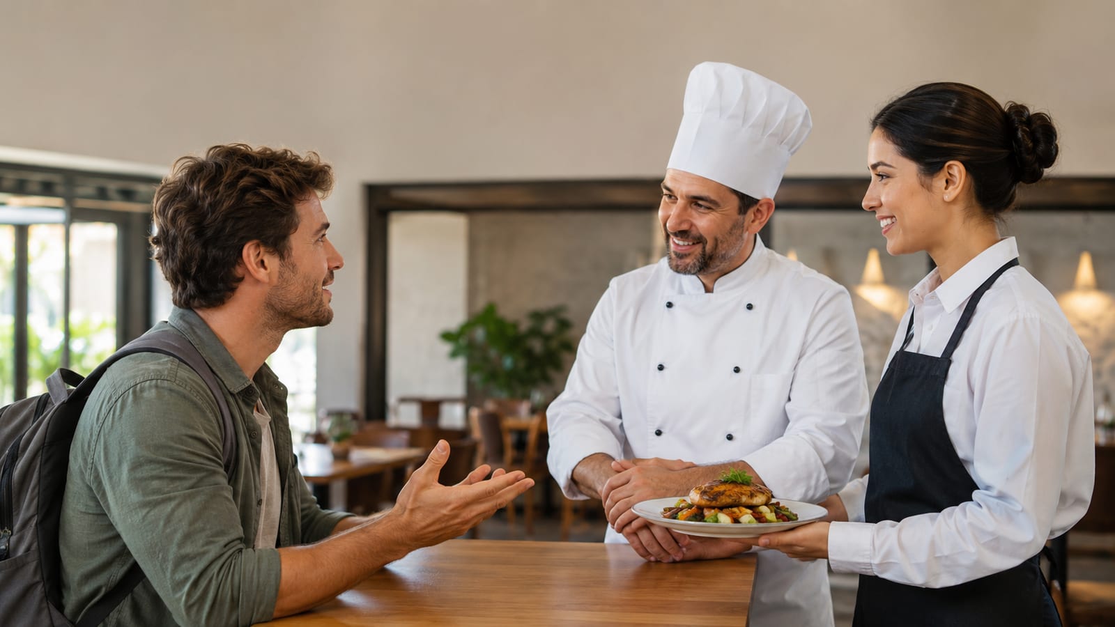 Traveler discussing allergy-safe meal preparation with restaurant staff in a simple dining room
