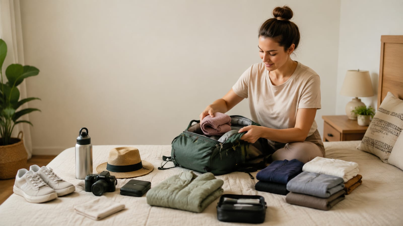Solo traveler calmly packing a backpack in a bright, modest guesthouse room
