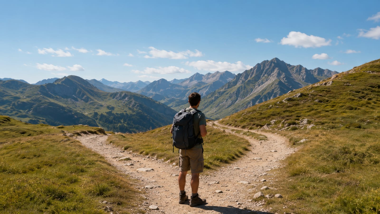 Solo traveler pausing at a quiet countryside trail fork with backpack and walking shoes