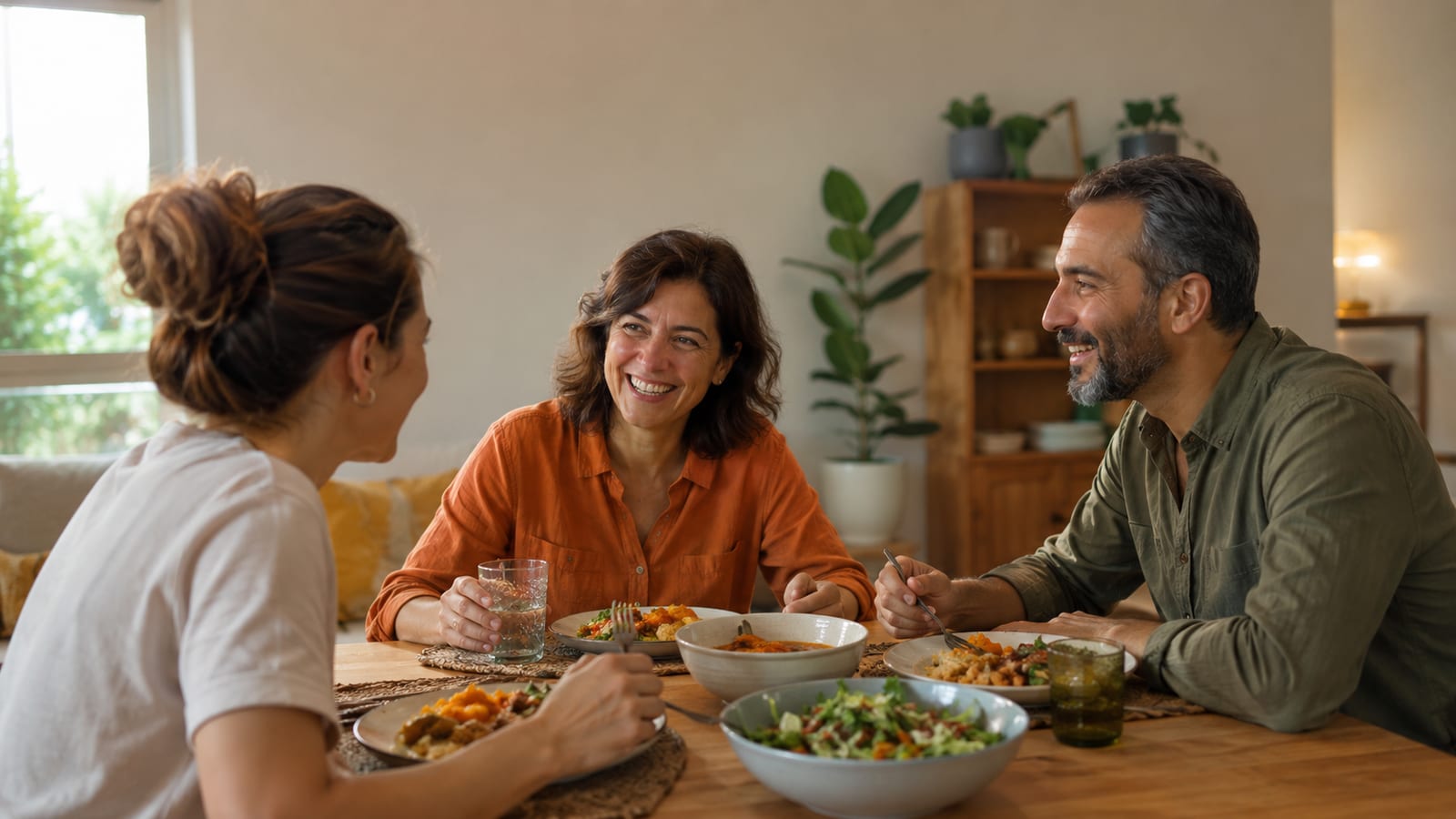 Solo traveler sharing a homemade meal with welcoming hosts in a simple dining room