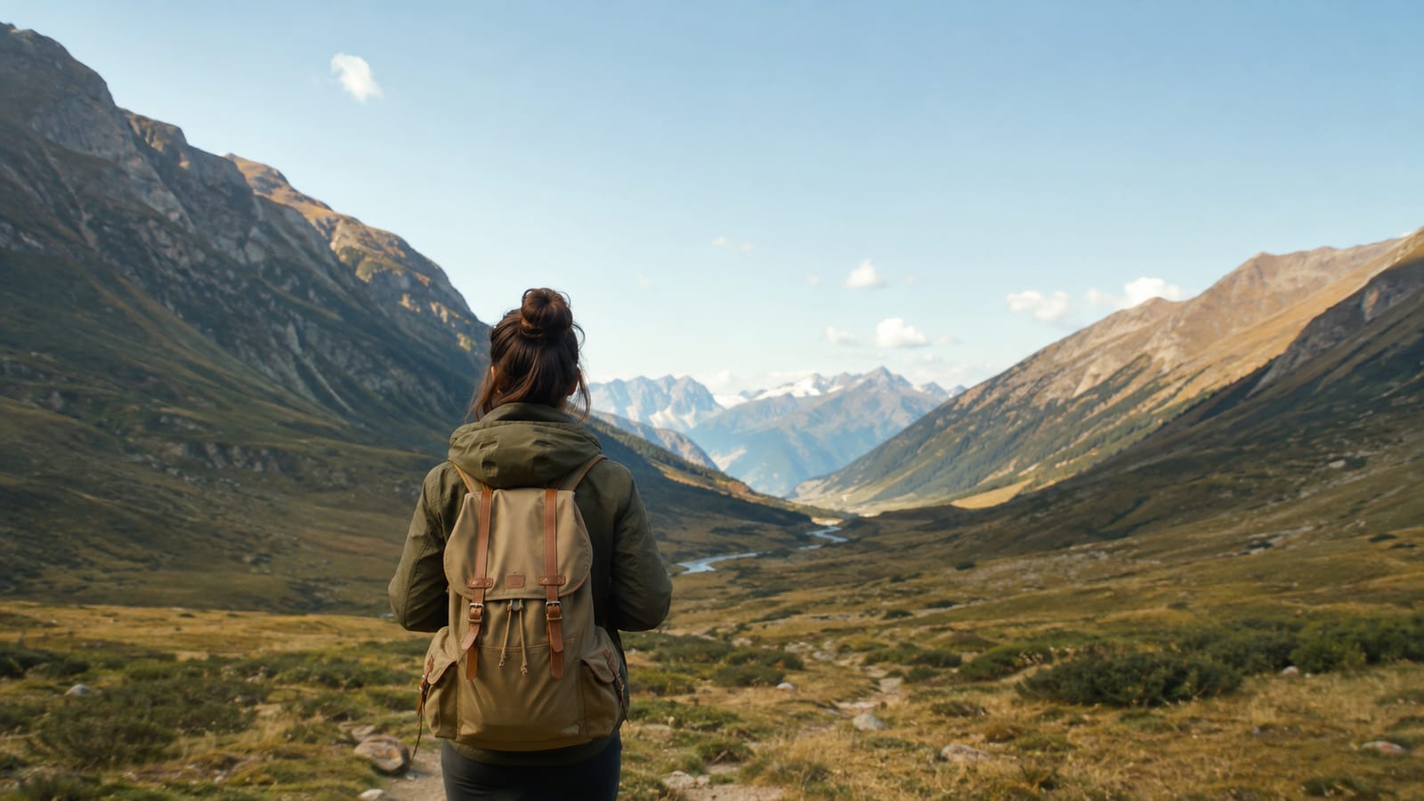 Solo traveler with backpack pausing thoughtfully in a generic mountain valley