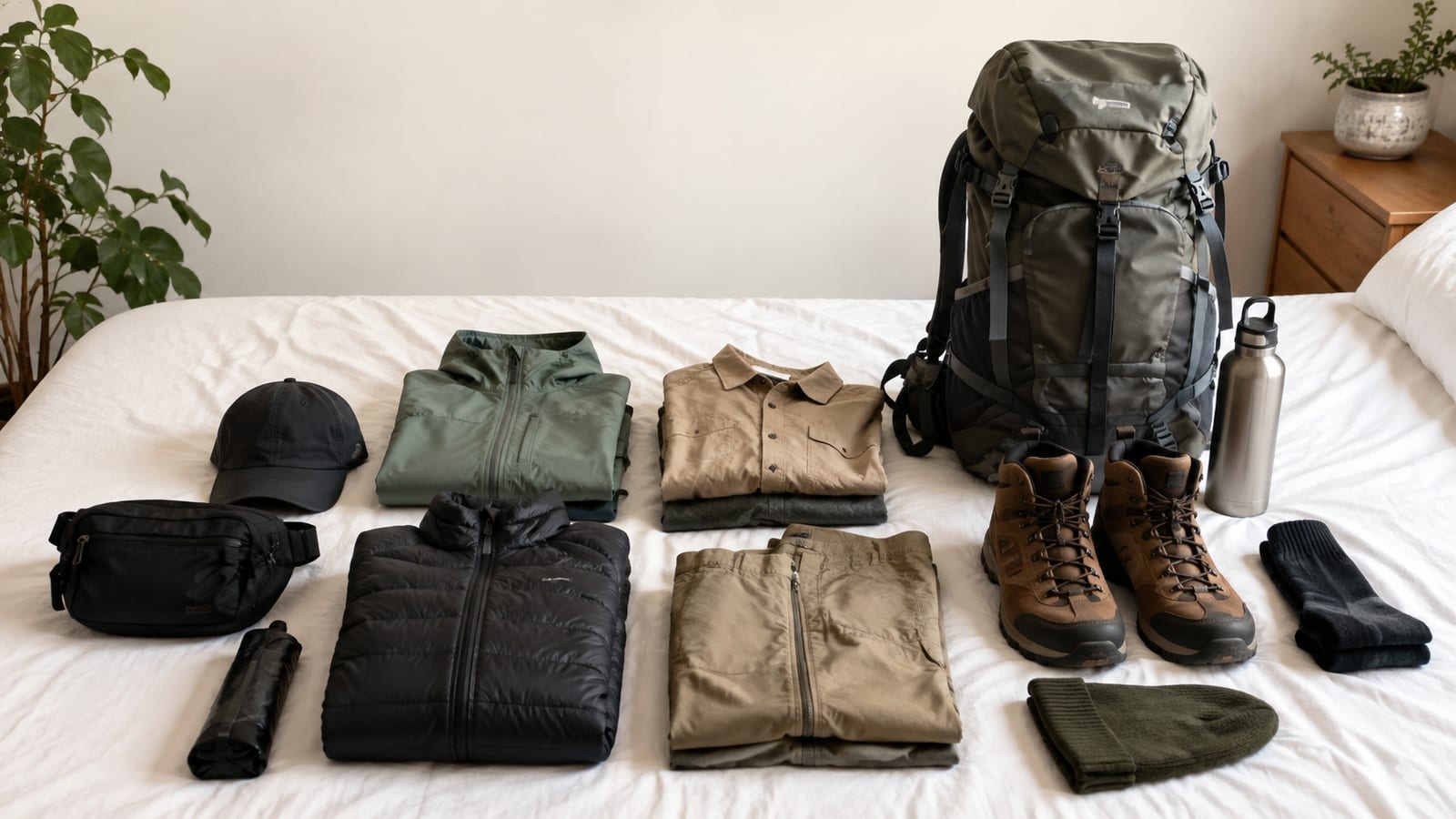 Travel essentials and weather layers arranged beside a sturdy backpack