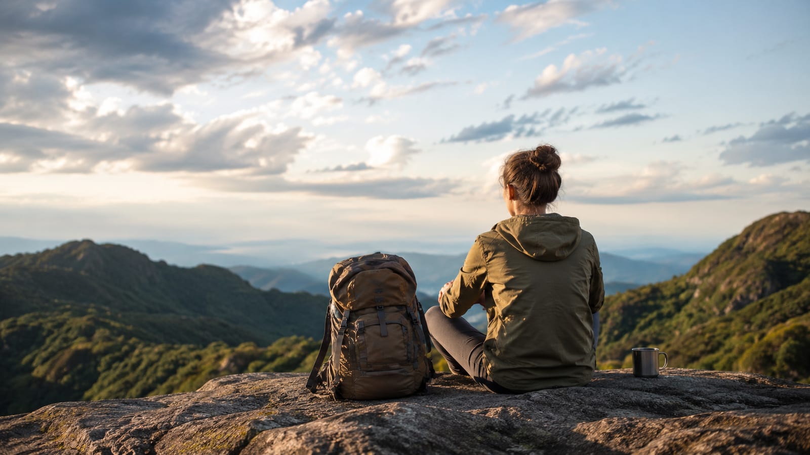 Solo traveler resting beside a backpack during a changing-weather journey