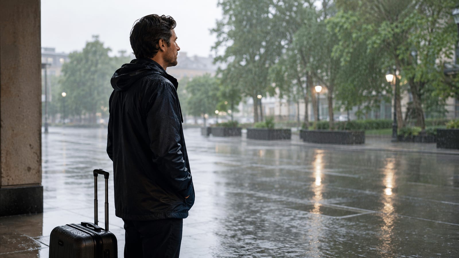 Traveler calmly sheltering with luggage during heavy rain on an unfamiliar journey