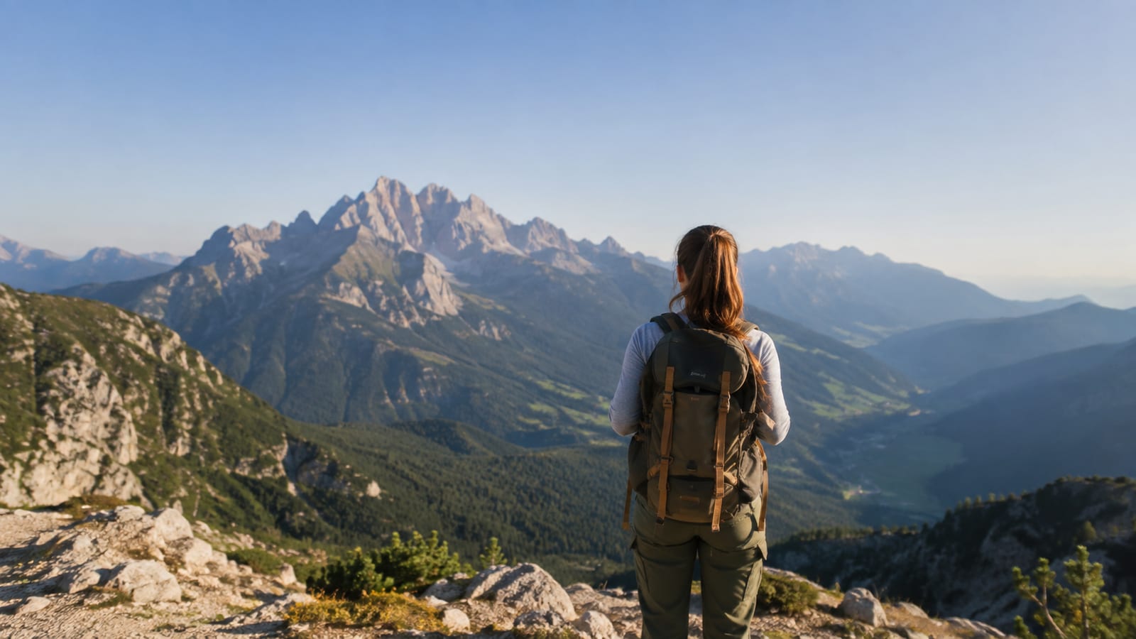 Solo traveler with backpack pauses at a generic mountain overlook, seen from behind