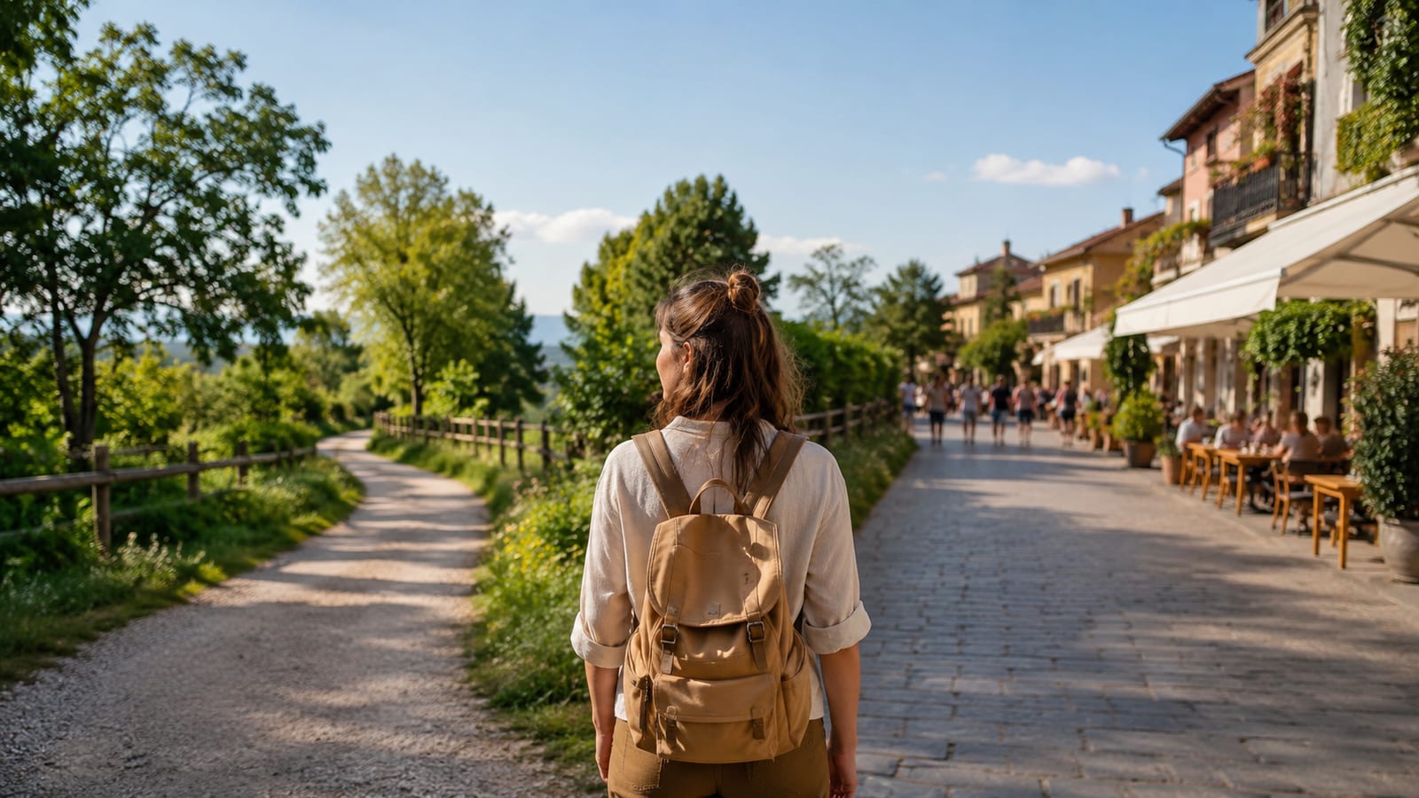 Solo traveler chooses between a quiet trail and lively market street, viewed from behind