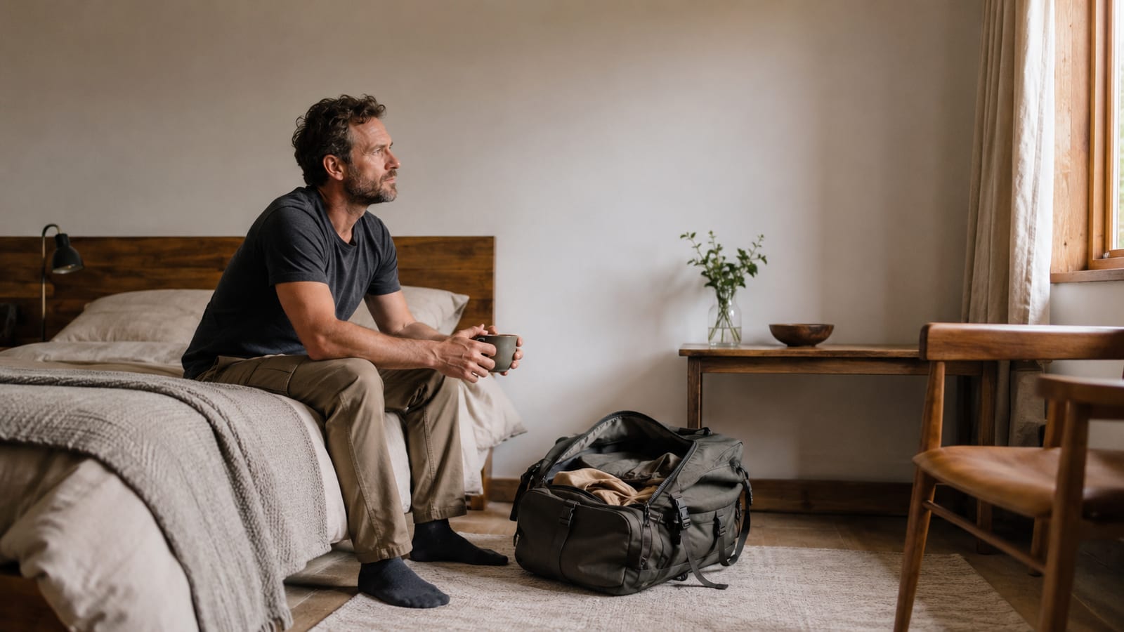 Tired traveler rests beside backpack in a simple guesthouse room, seen in profile