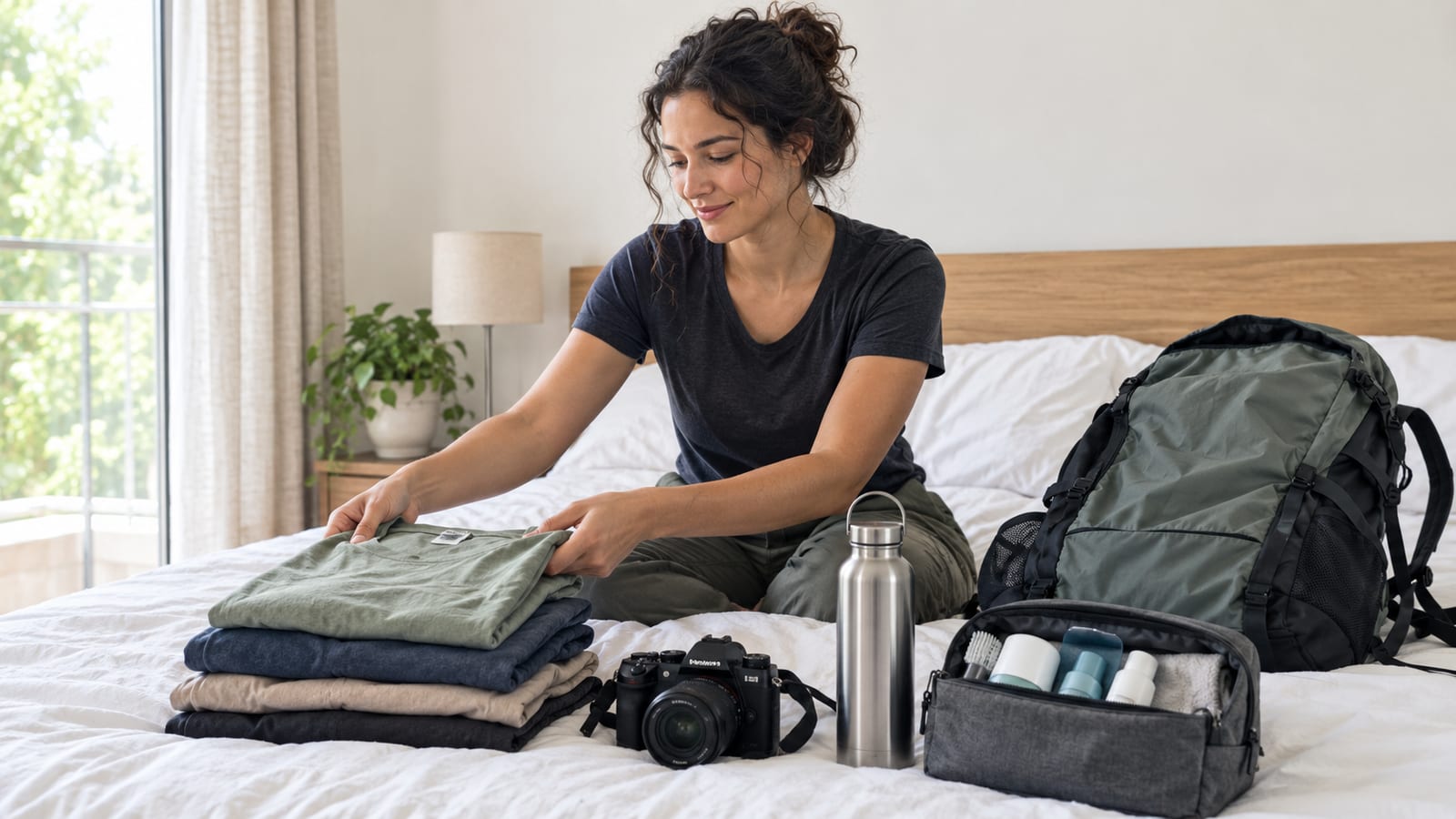 Traveler calmly packs lightweight essentials into backpack before a solo journey