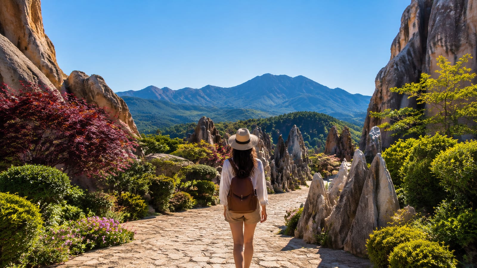 Visitor exploring a lush rocky garden trail with distant mountain views under clear skies