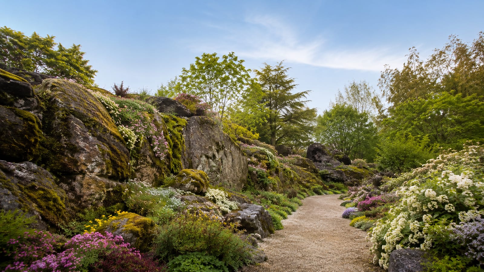 Mossy boulders, flowering plants, and winding pathways create a memorable garden attraction