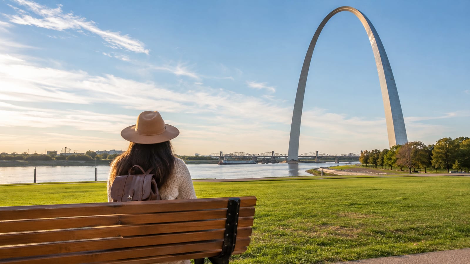 Solo traveler viewing a monumental riverfront arch beside a landscaped urban park