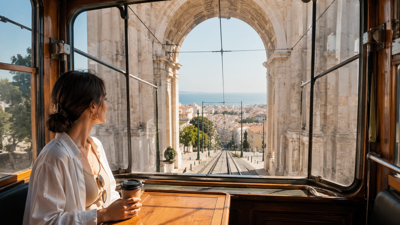Traveler seen in profile inside a compact tram cabin ascending through an arch