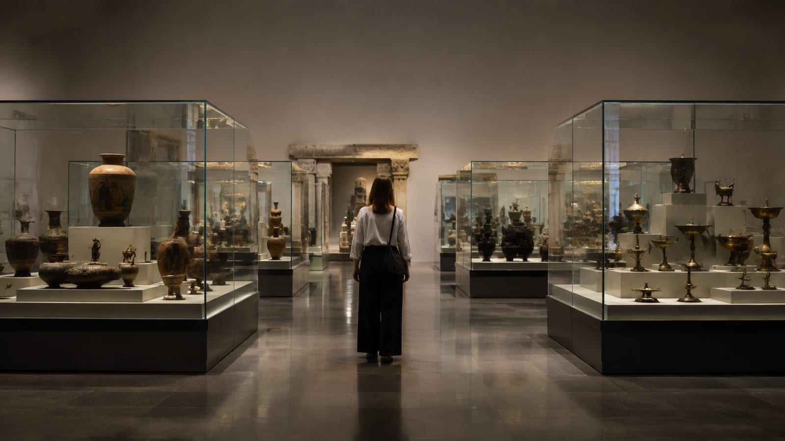 Visitor exploring a historical museum gallery with artifacts displayed behind glass