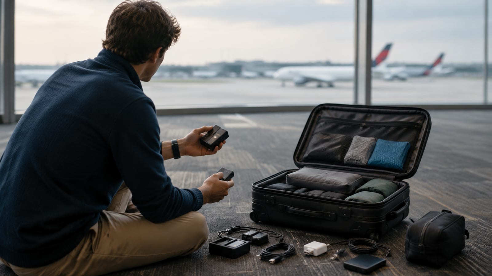 Traveler arranging spare batteries and camera gear beside an airport carry-on