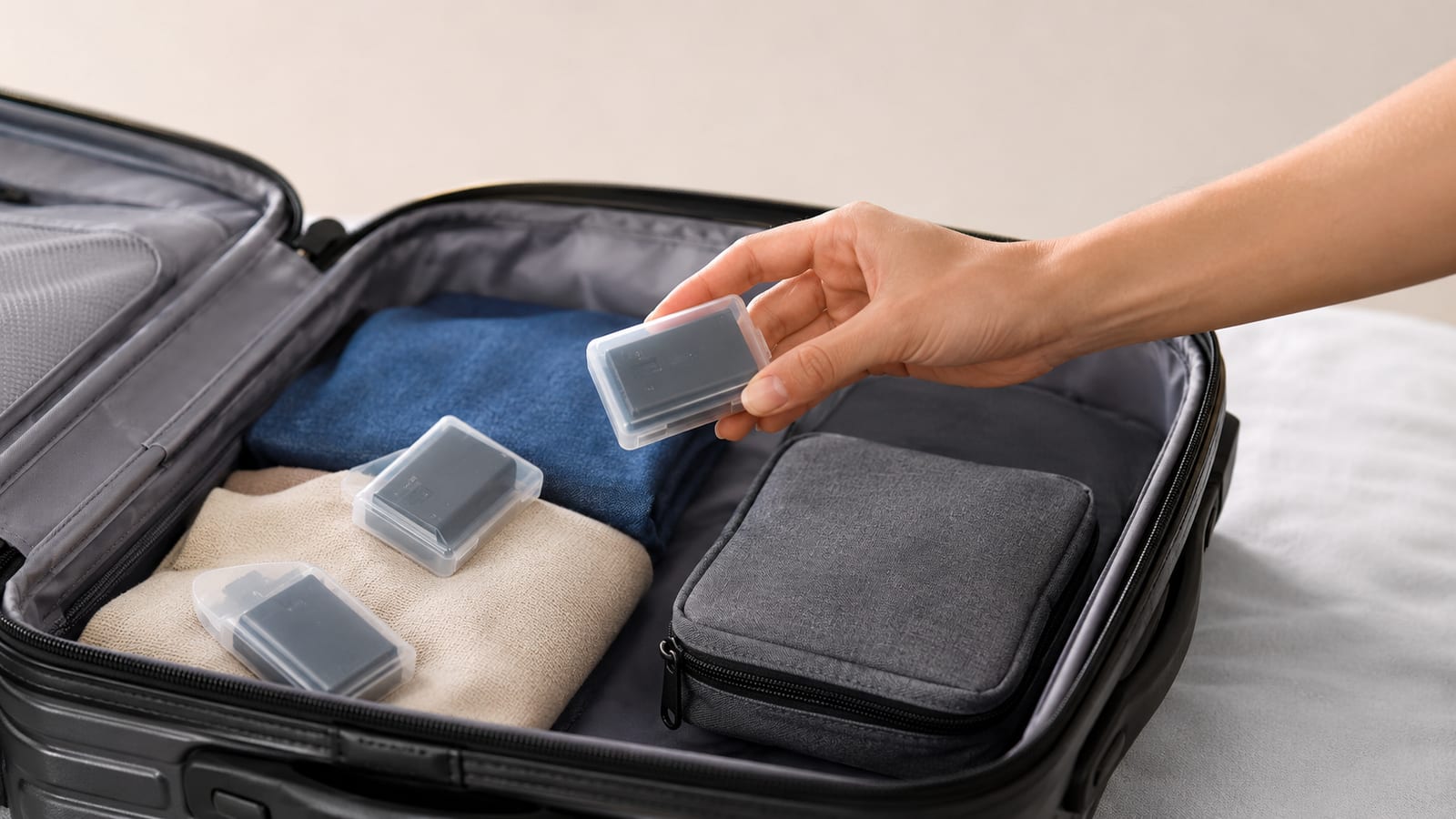 Protected spare batteries stored separately inside a carry-on electronics pouch