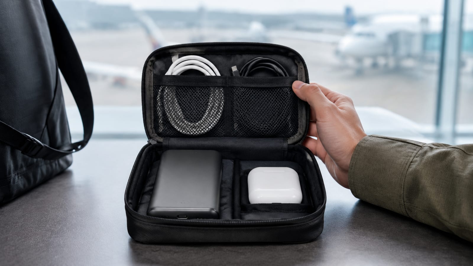 Power bank and charging case secured inside a carry-on beside travel electronics