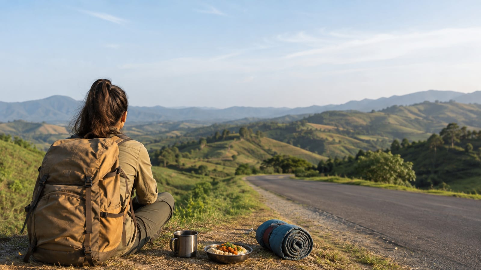 Solo traveler with backpack beside a scenic rural road, planning an affordable New Zealand journey