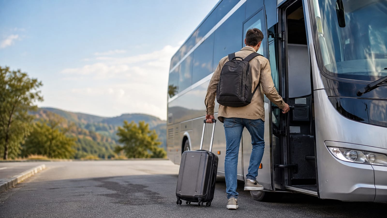 Solo backpacker boarding a plain intercity coach with compact luggage on a rural journey