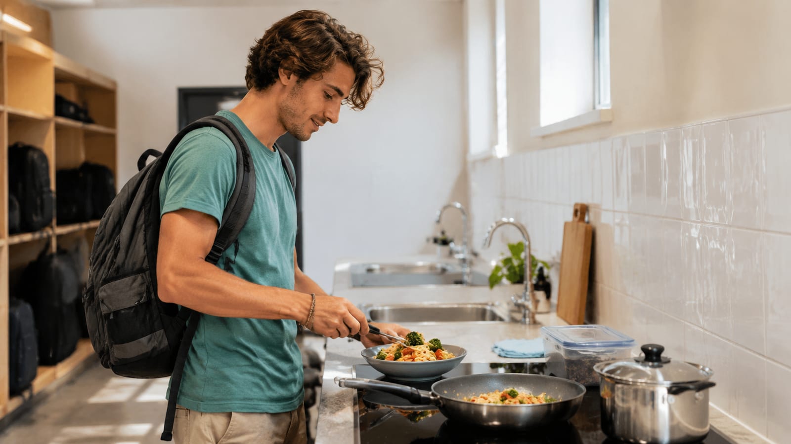 Budget traveler preparing a simple meal in a bright shared hostel kitchen