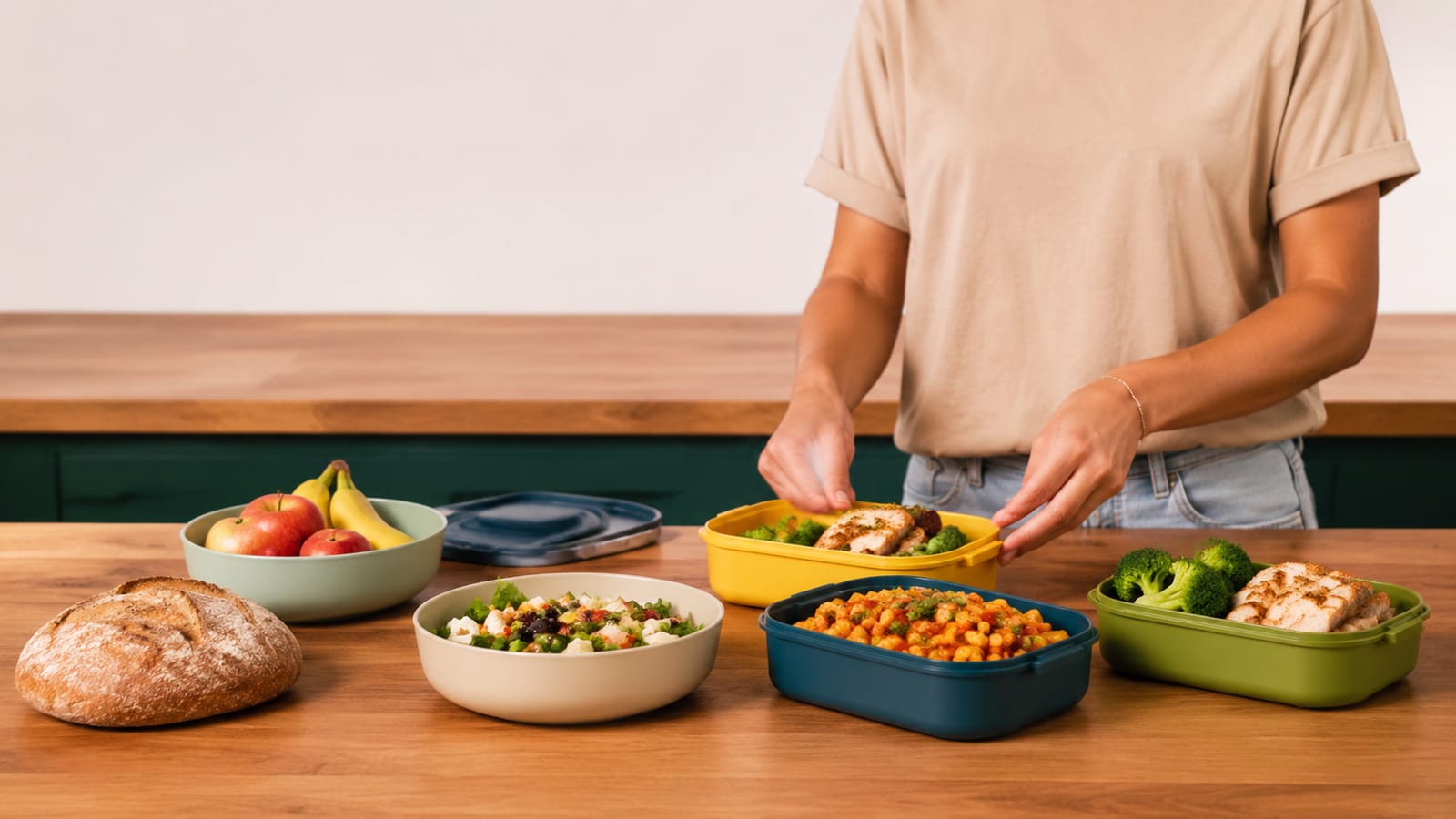 Solo traveler portioning inexpensive groceries into reusable containers for several travel days