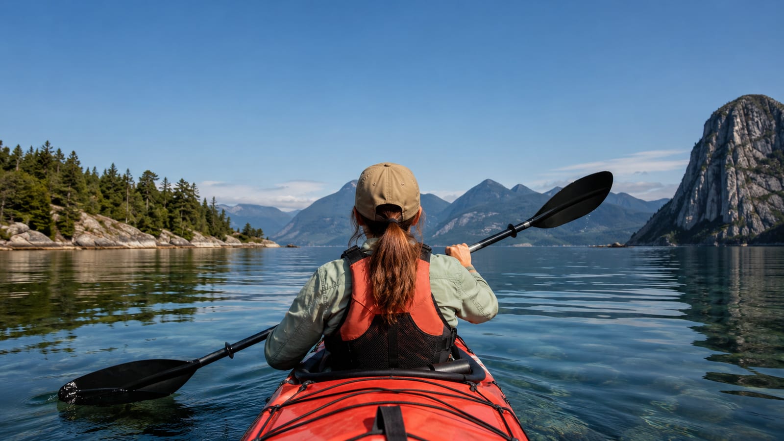 Solo traveler kayaking across calm wilderness water with rented outdoor equipment