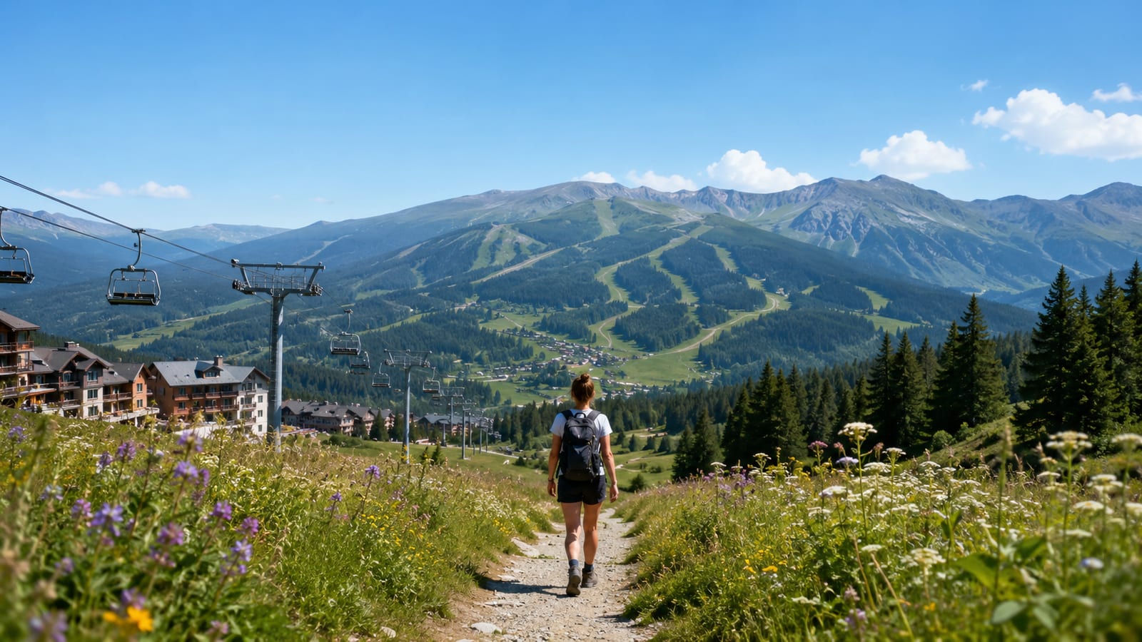 Summer mountain village with chairlift, wildflowers, and solo hiker on scenic trail