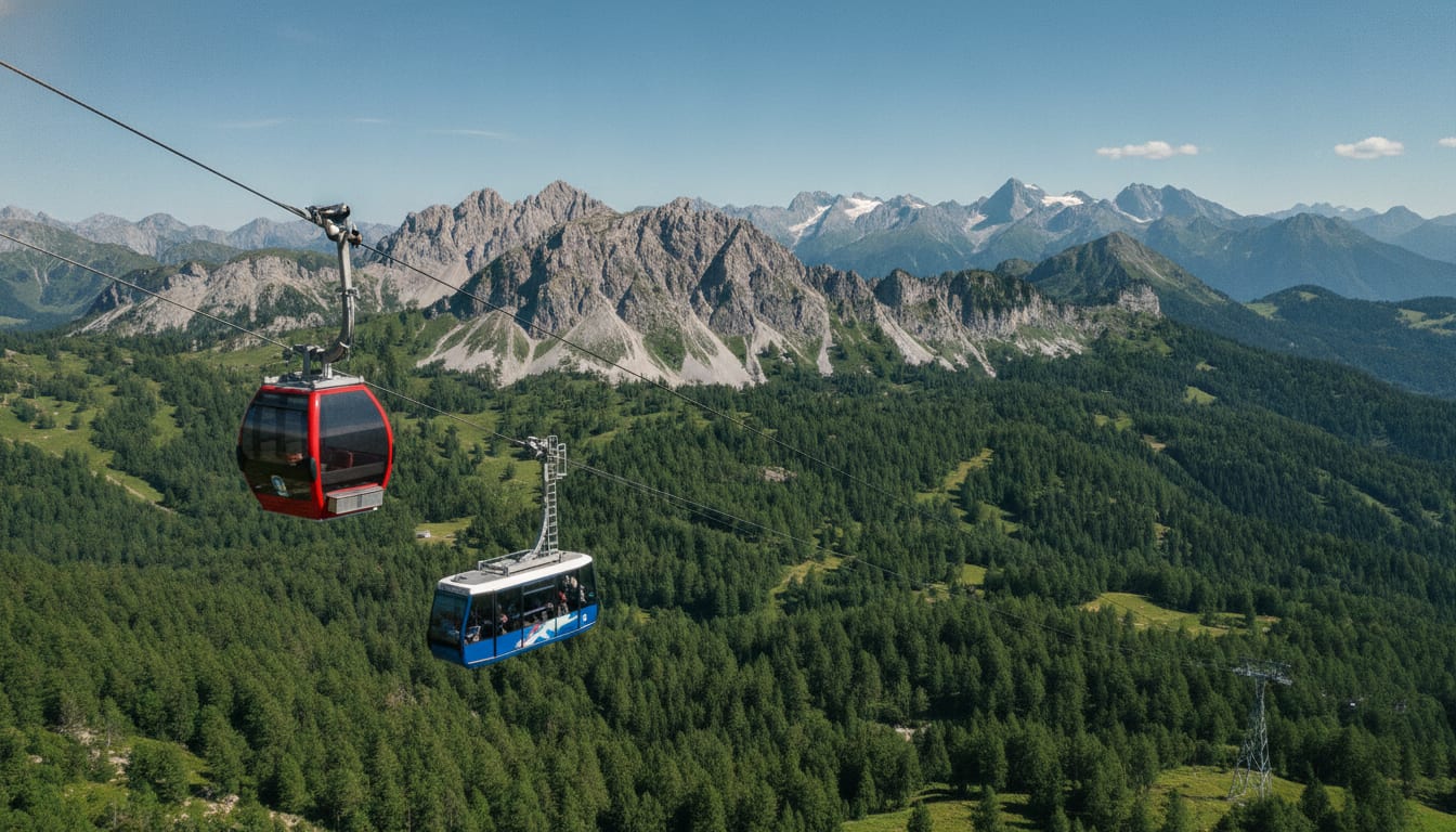 Open-air mountain lift ascending above summer forests toward a high alpine ridge