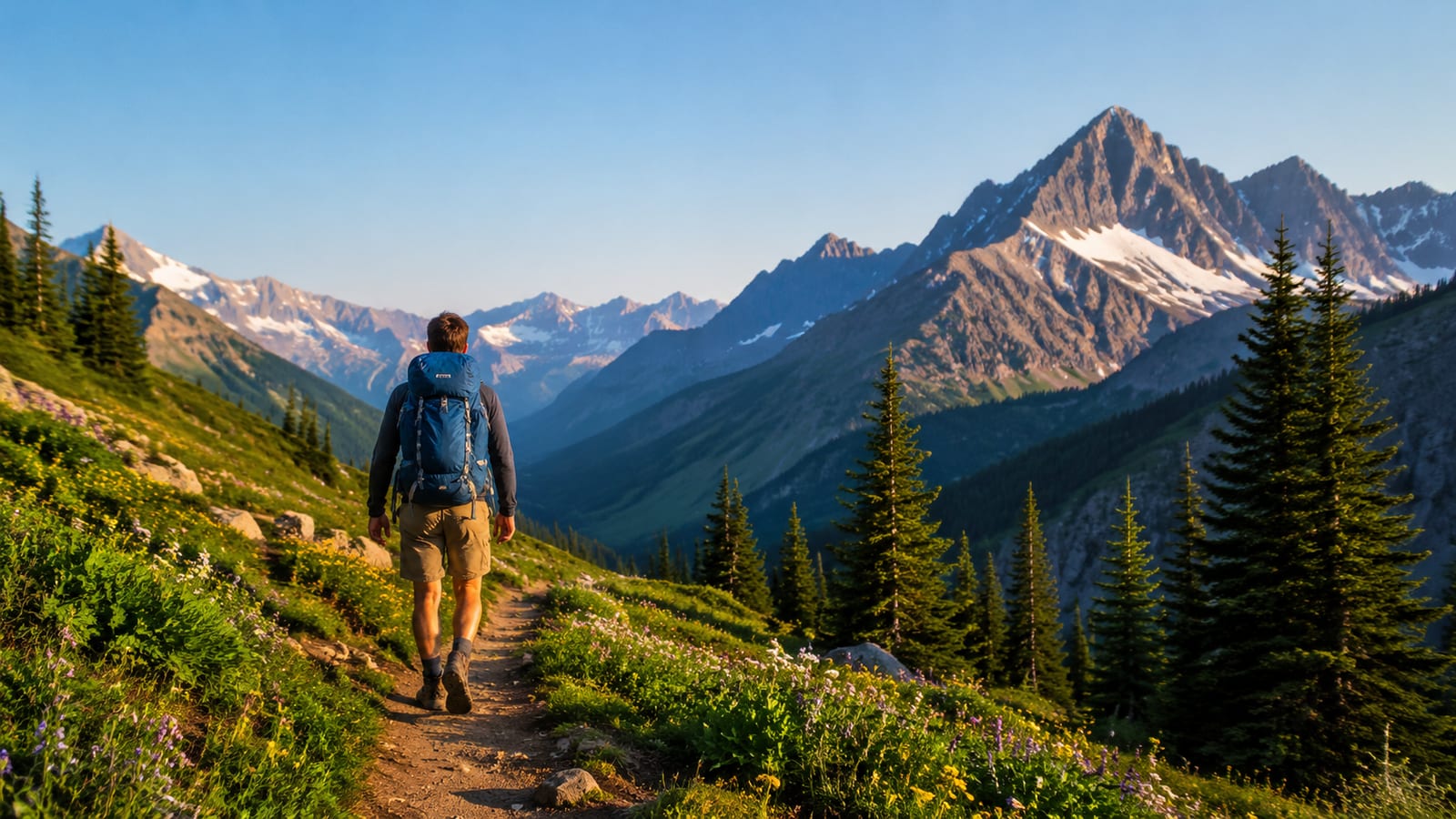 Solo hiker following a flower-lined alpine trail beneath rugged summer mountains